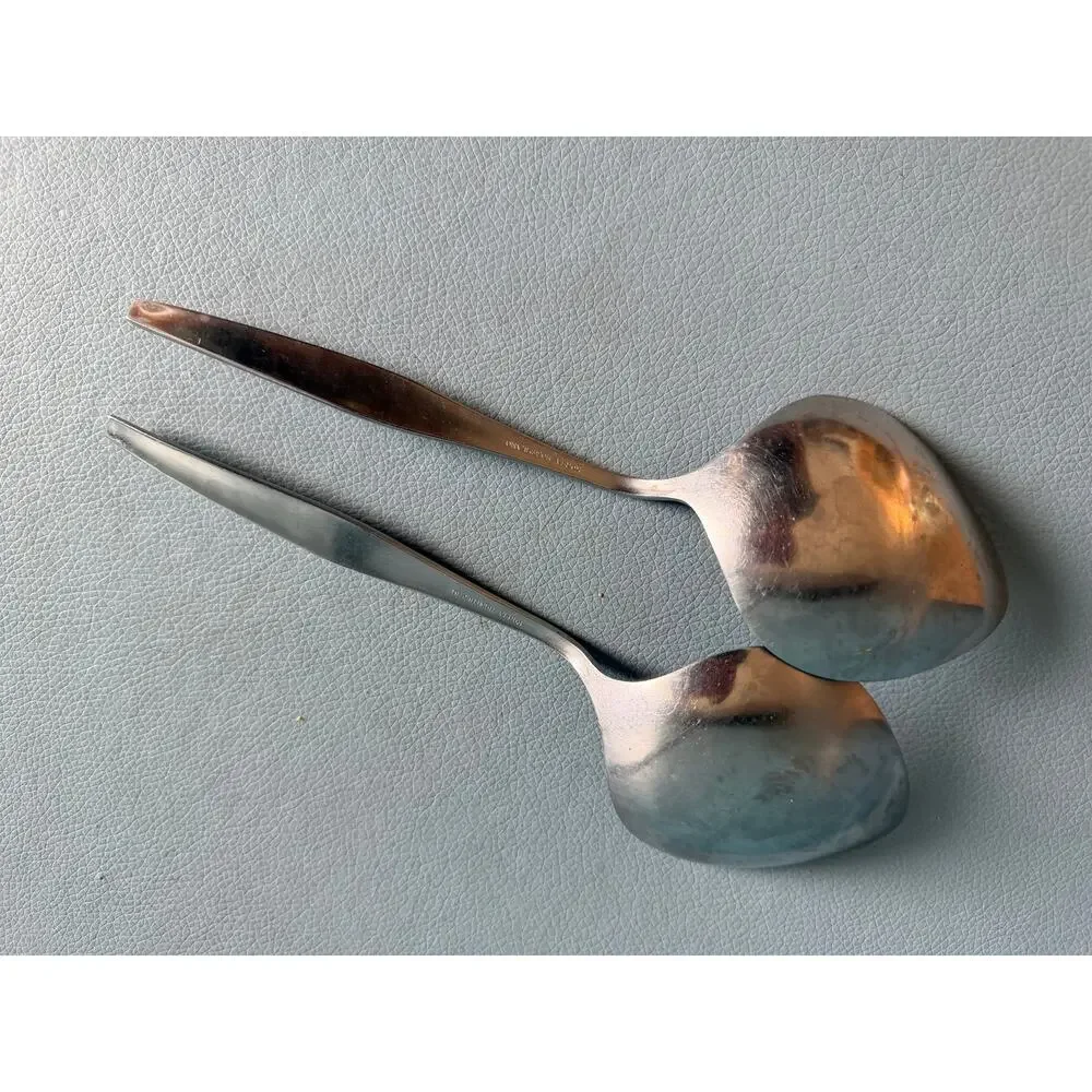 Vintage Oneida Northland Korea Stainless Serving Spoons Pair LeafBowl Scroll MCM